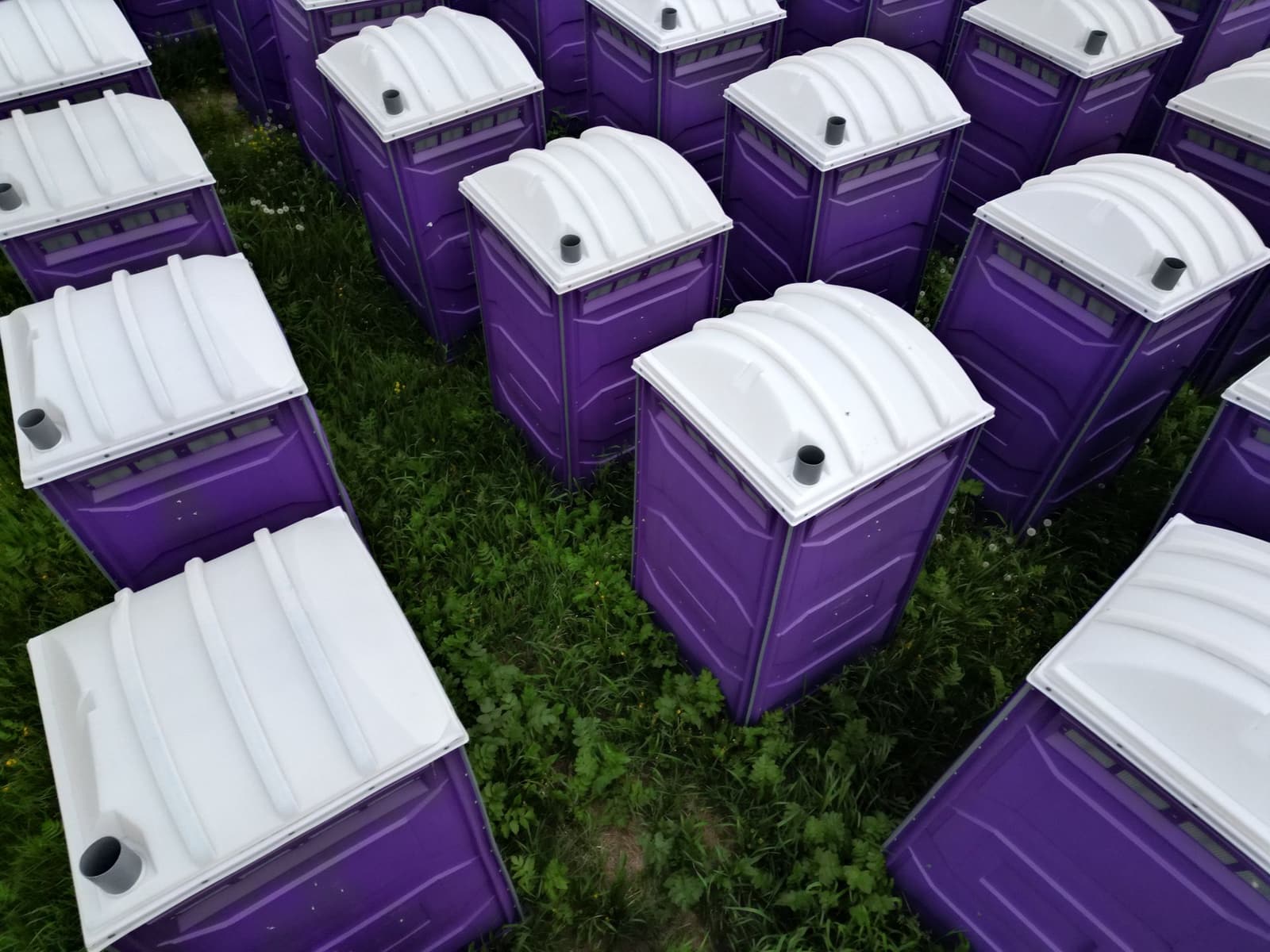 Row of portable restrooms set on grass at an outdoor event