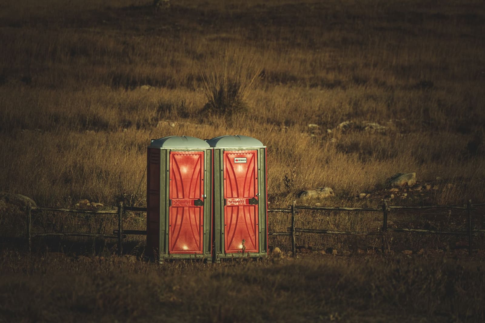 Portable restrooms placed on open ground ready for an event
